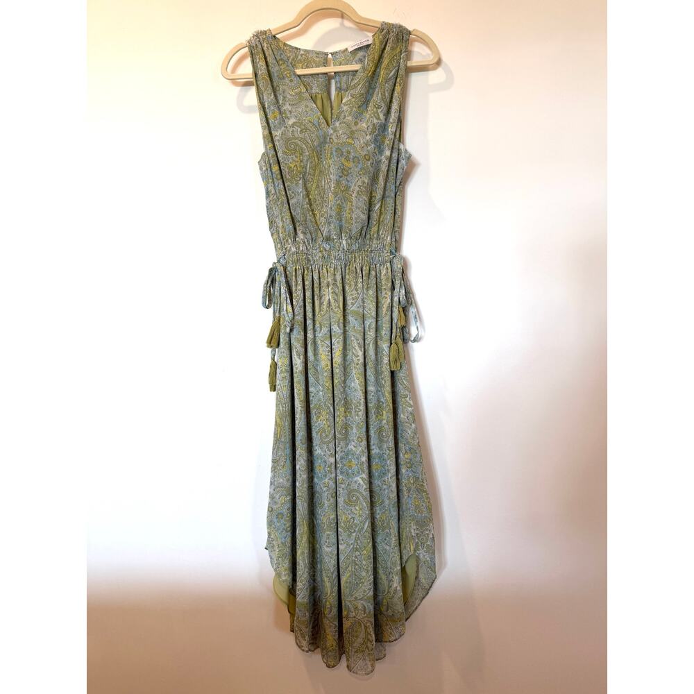 Ramy Brook Sz 10 green chiffon v neck handkerchief hem dress ruched sides